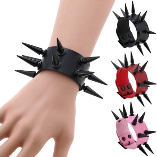 Spike Bracelet Vegan Leather Punk Bracelets Goth Girl Boy Cuff Bangle Studded Halloween Wristband for Women Mens Wrist Jewelry