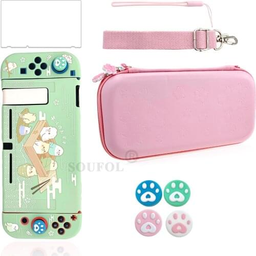 For NS Switch Pink Sakura Carry Case Water-Proof Protective Bundle Bag Cute Thumb Grips Screen Protector Wrist Strap Shoulder