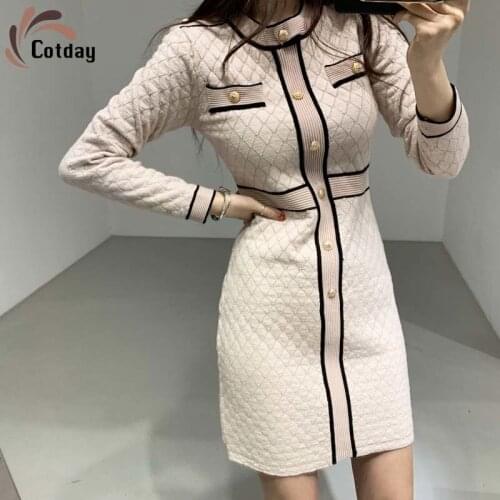 Cotday O-Neck Bandage Off White Autumn Women Knitted New Korean Long Sleeve Women Bandage Sweater Clothing Elegant Dresses
