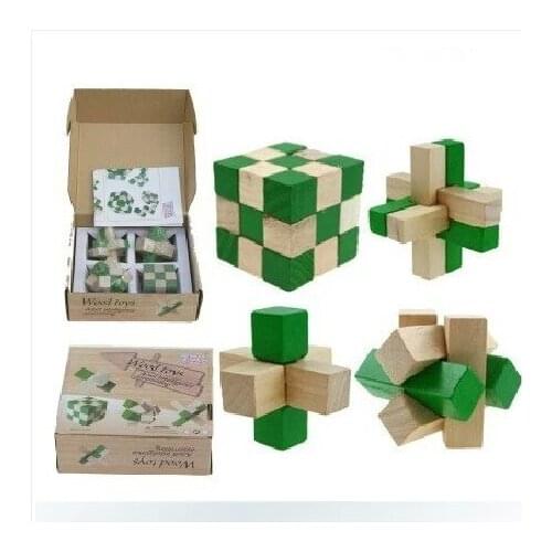 4PCS/LOT Green 2 Color Toys Classic IQ 3D Wooden Interlocking Burr Puzzles Mind Brain Teaser Game Toy for Adults Children