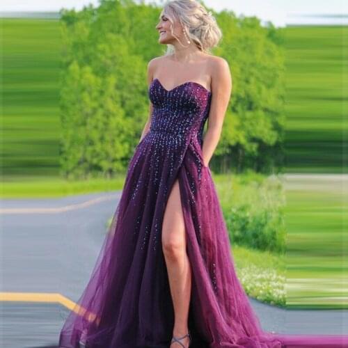 Elegant Purple Sweetheart Long Evening Party Dresses Rhinestone A-line Tulle High Slit Prom Dresses Formal Party Gowns