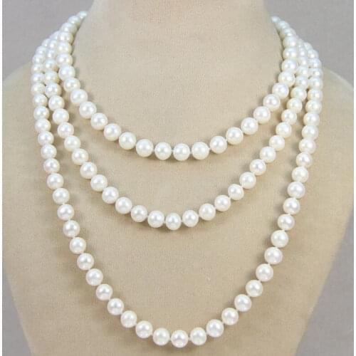 Hot New AA 8-9mm white Natural freshwater pearl necklace 50inch>Selling jewerly free shipping