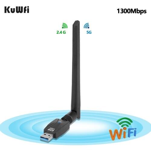 KuWFi USB3.0 Wifi Adapter 1300Mbps 5.8G/2.4GHz Wireless AC USB Adapter Wifi Network Card for PC Desktop Laptop
