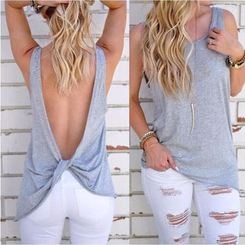 Summer Sleeveless Tee Shirt Femme Loose Style T Shirt Solid Tee Mature Tshirt Women Sexy Backless O-Neck T-Shirt