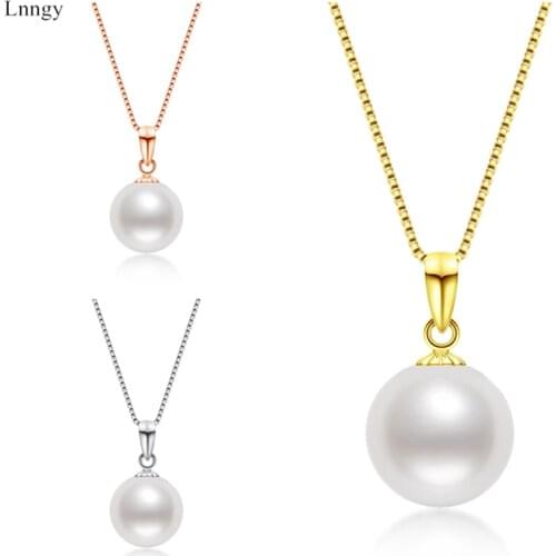 Lnngy 18K Gold Pendant Necklace 9-10mm Natural Freshwater Pearl Necklaces Bijoux Necklace with 925 Sterling Silver Chain Gifts