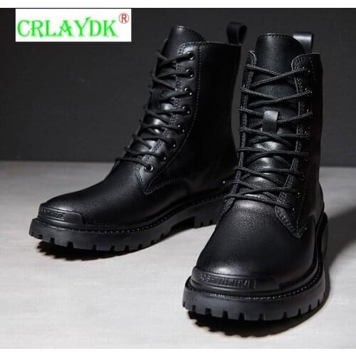 CRLAYDK 2021 New Winter Mens Boots Calf Leather Lace Up Motorcycle Outdoor Shoes British Vintage Classic Waterproof Snow Botas