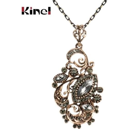 Kinel Charm Grey Crystal Flower Necklace For Women Antique Gold Resin Long Pendant Necklace Indian Vintage Jewelry Drop Shipping