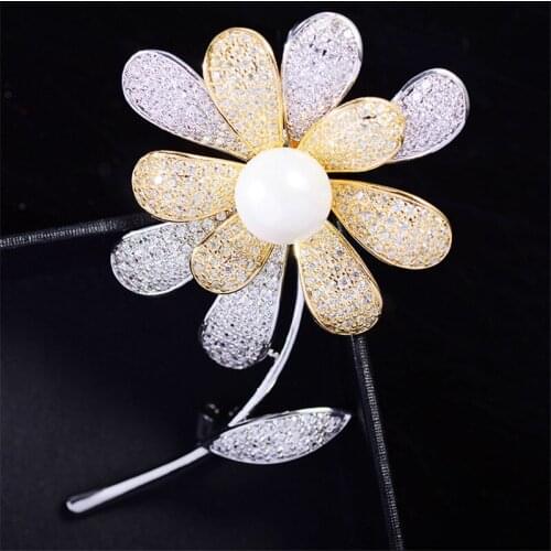 OKILY Delicate Double Color Daisy with Pearl Brooches Micro Zirconium Sunflower Brooch Winter Coat Womens Jewelry Accessories