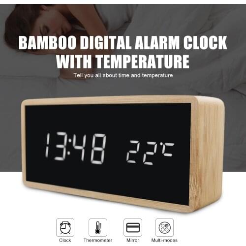Original Bamboo Wooden Alarm Clock LED Display With Mirror Temperature Digital Watch Desktop Digital Table Clock