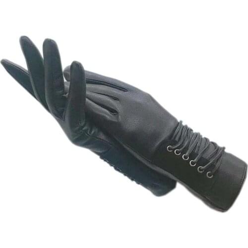 Winter ladies wrist fashion sheepskin gloves black new leather goatskin wool lining gloves driving womens leather gloves 2021-0