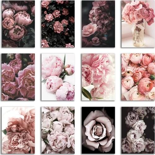 Peony Flowers Posters Canvas Painting Dark Pink Flower Wall Art Print Pictures Living Room Girl Room Decoration
