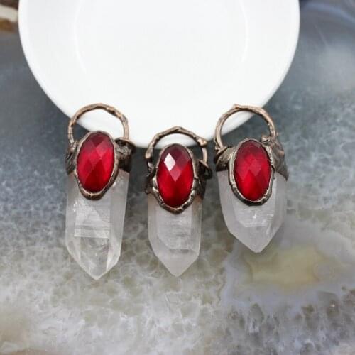 Natural White Quartz Stick Points Pendant Inlay Red Gemstone,Vintage Clear Crystal Necklace For DIY Jewelry Making Accessories