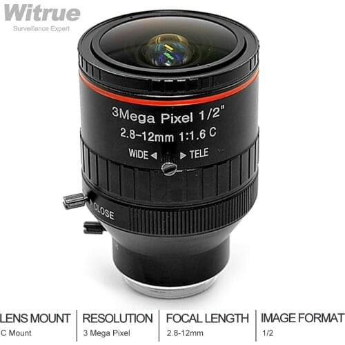 HD 3MP Varifocal Lens 2.8-12mm industrial lens 1/2 inch F1.6 low distortion C-port CCTV lens