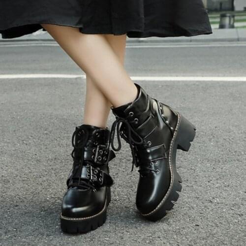 PXELENA Drop Ship Women Punk Gothic Rock Boots Rivet Buckle Strap Lace Up Block Chunky Heel Combat Biker Motorcycle Shoes