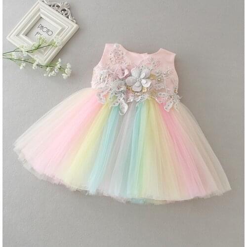 Girl Rainbowlace Flower Baptism Dress Birthday Party Baby Girl Clothes Vestido Infantil Stidos baby girl dress baby clothes
