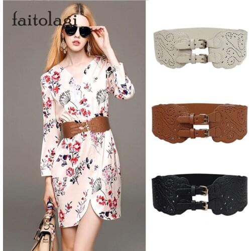 Elastic Wide Women Belts Fashion Double Buckle Ladies Belts For Dresses Coat Female Leather Corset Belt Black White Waistband