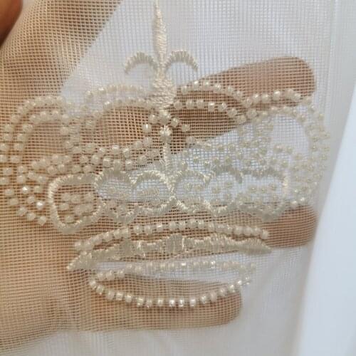 Luxury Crown Embroidered Tulle Curtain for Living Room White Beads Translucent Balcony Sheer Volie Drapes JS293C