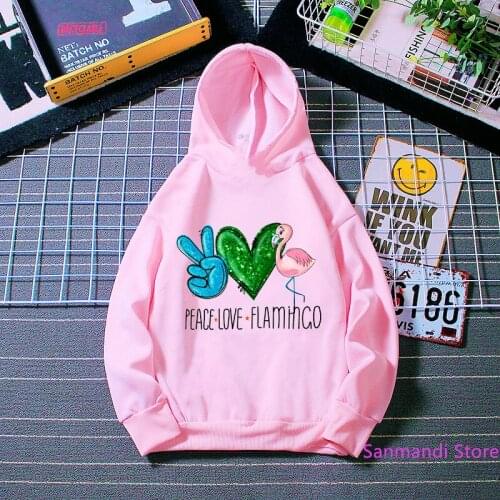Pink Clothes for Baby Girls Peace Love Flamigo Animals Print Hooded Sweatshirt Autumn Winter Hoodie Plus Velvet Kids Outwear Top