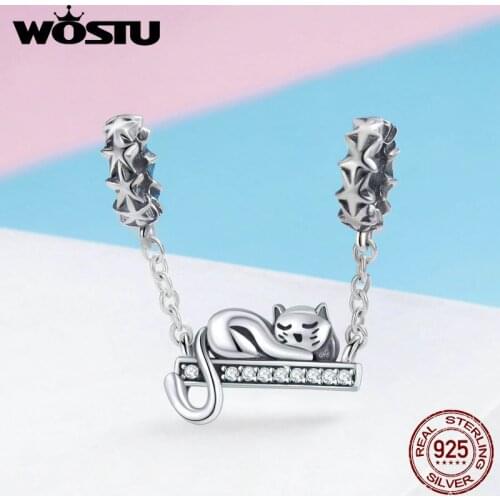 WOSTU 925 Sterling Silver Cute Cat Lying Swing Pet Charms fit Brand Bracelet Pendant Bead Women Fashion Jewelry Gift FIC856