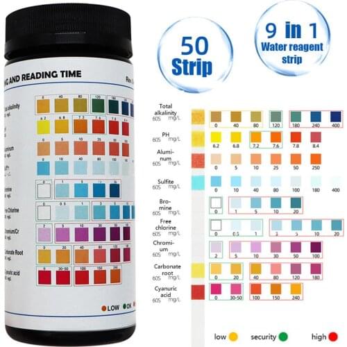 50PCS Aquarium Pond Pool PET Drinking Water Test Strips PH Value Tester Swimming Pool Water Test PH Cyanuric Bromine Test Tools