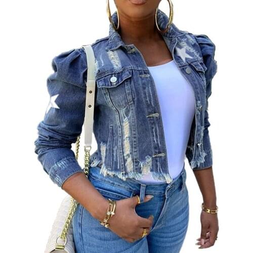 2021 Big Sale Spring Women Sexy Ripped Denim Jackets Vintage Casual Short Jean Jacket Puff Sleeve Winter Female Coat Streetwear