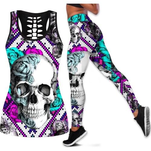 Love Skull And Tattoos Two Piece Yoga Set Women 3D Print Vest Hollow Out Tank Top High Waist Legging Summer Casual Sport-5