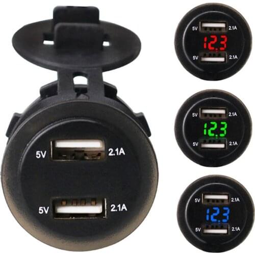 2.1A Dual USB Ports Motorcycle Car Voltage LED Display Quick Charger Socket Adapter