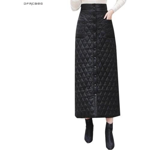 2019 Winter Plus Size Warm Down Cotton Long Skirt Women High Waist Single-Breasted Pencil Skirts Streetwear Ladies Saia Longa