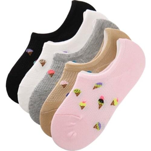 5 Pairs/lot Women Socks Candy Color Small Ice Cream Pattern Boat Sock Suit for Summer Breathable Casual Girls Funny Socks Meias
