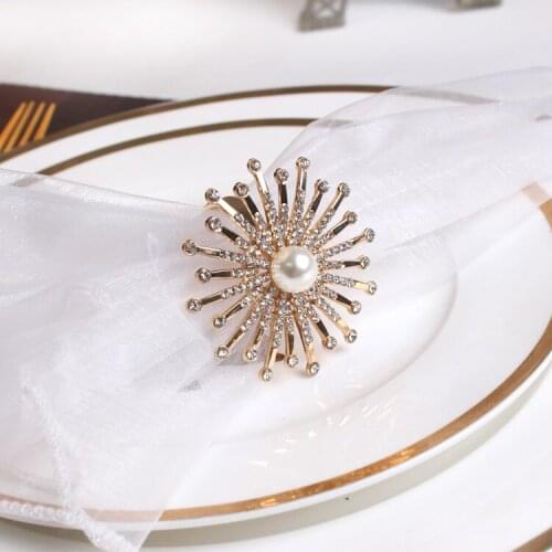6pcs/lot Pearl sun flower hotel restaurant napkin buckle model room napkin ring mouth circle diamond, wedding party decorations