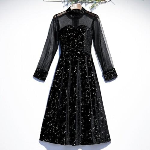 Sequins New Evening Dress High Neck A-line Tea-length Full Sleeves Bling Black Fashion Plus size Party Formal Dresses Woman B093