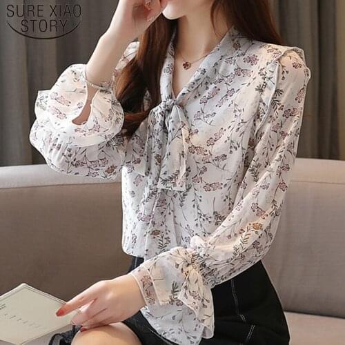 Blusas Mujer De Moda 2021 Spring Autumn Chiffon Women Shirts Long Sleeve Printed Bow Tie Women Blouses Sweet Plus Size 7025 50
