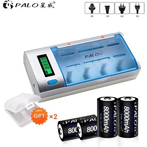 PALO LCD quick battery charger for 1.2V AA AAA C D 9V battery+4pcs 1.2V D Size rechargeable battery D R20 LR20 battery 8000mAh
