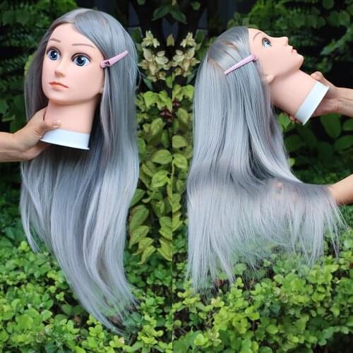 Kids Mannequin Head High Temperature Fiber Grey Hair Training Head Hairdressing Practice Make Up Styling Head Wig Heads For Play