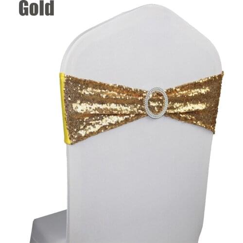 Hot 100pc/lot Round Buckle Elastic Spandex Chair Sash Band With Gold/Silver Sequin For Wedding Party Ceremony Banquet Decoration