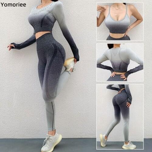 Gradient 3PC Yoga Set For Women Seamless Knitting High Elastic Naked-Feel Sportswear Gym Sport Workout Running Training Fitness