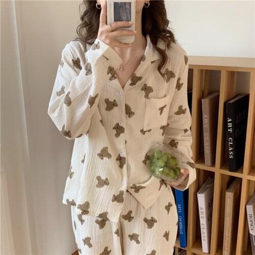 Japan kawaii bear cartoon couple sleepwear pajama set home suit long sleeve blouse pants 2 pcs cotton trousers sleepwear L312