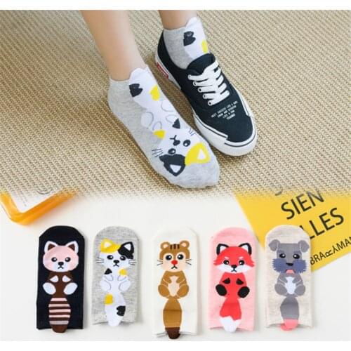 Summer Cartoon Cotton Socks Women 1Pair Fashion Korean Funny Cute Short Ankle Sock For Ladies Monkey Cat Fox Candy Color Socks