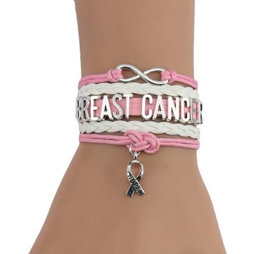 Little MingLou BREAST CANCER bracelet ribbon hope charm Awareness leather wrap bracelets & bangles for women jewelry
