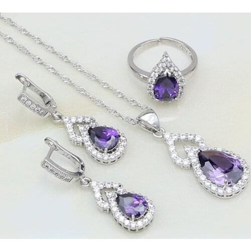 Gourd Natural Purple Zircon White Australian Crystal 925 Silver Jewelry Sets For Women Open Ring/Earrings/Pendant/Necklace