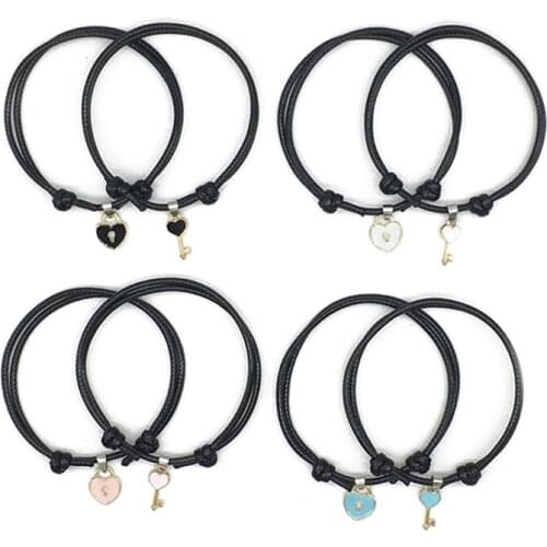 New 2Pcs/Pair New Couple Bracelet Alloy Key Heart Lock Charm Bracelet Handmade Jewelry Rope Bracelet Lovers Gifts for Women