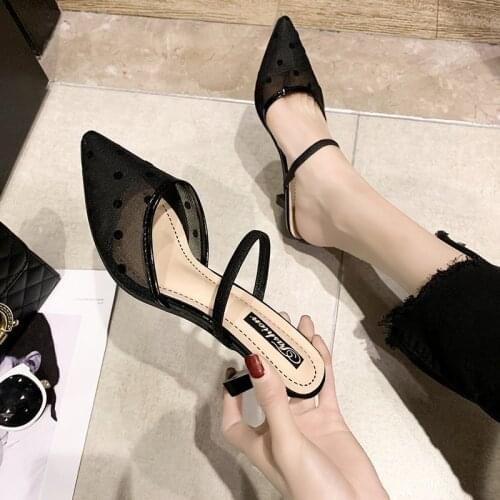 New Baotou Half Slippers Summer Pointed-toe Net Yarn Stiletto Sandals Black White Wave Point Pumps High Heels Sexy Slippers