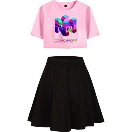 New 2019 Women Sweet Suits Girls Solid Skirt And Print Sexy Crop T-shirt Suit Vaporwave Harajuku Fashion Casual Mini Skirt Sets
