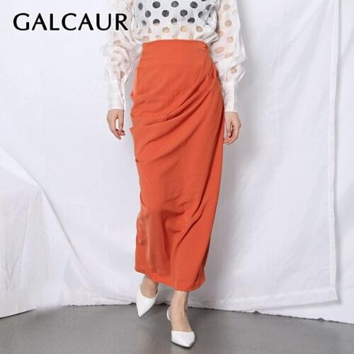 GALCAUR Orange Skirt For Women High Waist Side Split Large Size Solid Ruched Asymmetrical Skirts Female 2021 Autumn Clothing