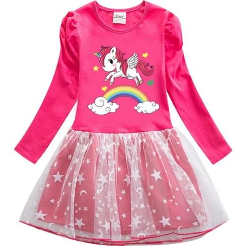 Casual Girls Summer New Fashion Girls Childrens Dress Unicorn Rainbow Printing Clothes Stars Girls Long sleeve Net Dress 2-8Y