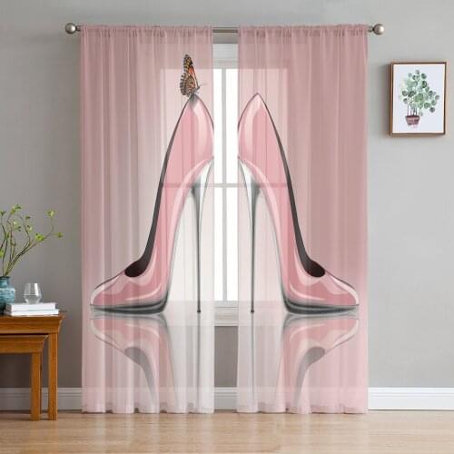 Pink Female High Heels Butterfly Tulle Sheer Window Curtains for Living Room Kitchen Children Bedroom Voile Hanging Curtain