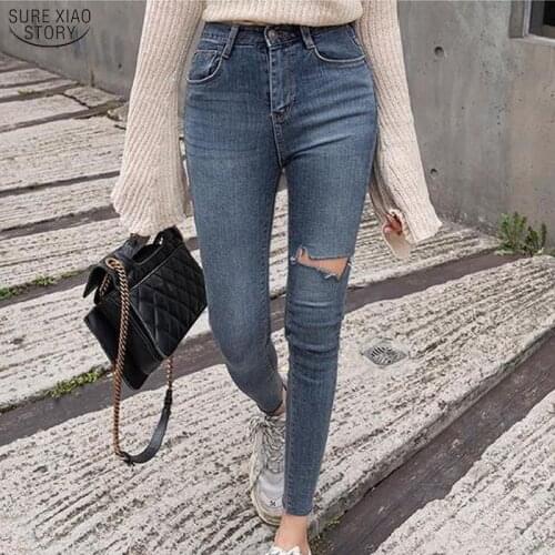 Ripped Hole Stretch Jeans Women Plus Size High Waist Denim Pants Women High Elastic Skinny Ripped Jeans for Women Trousers 10396