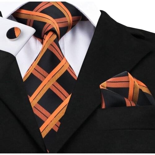 SN-344 Quality Tie Set Long Last Plaid Neck Tie Hanky Cufflinks Set for Mens 100% Woven Neck Tie for Casual Party