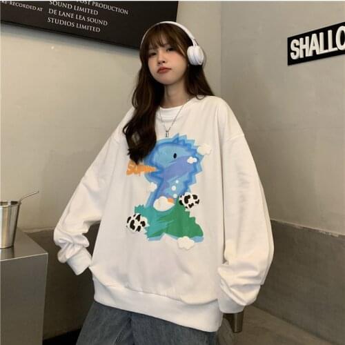 Oversized Casual Sweatshirts For Women 2021 Autumn Kawaii Dinosaur Sweatshirt Vintage Anime Long Sleeve Basic Pullover Hoodies