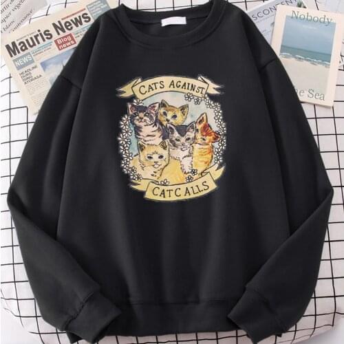 Cats Against Cat Calls Print Sweatshirts Long Sleeve High Quality Fleece Hoody Harajuku Fashion Anime Hooded Streetwear Mens